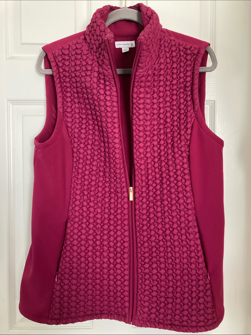 Susan Graver Raspberry Quilted Front Sleeveless Vest with Gold Zipper